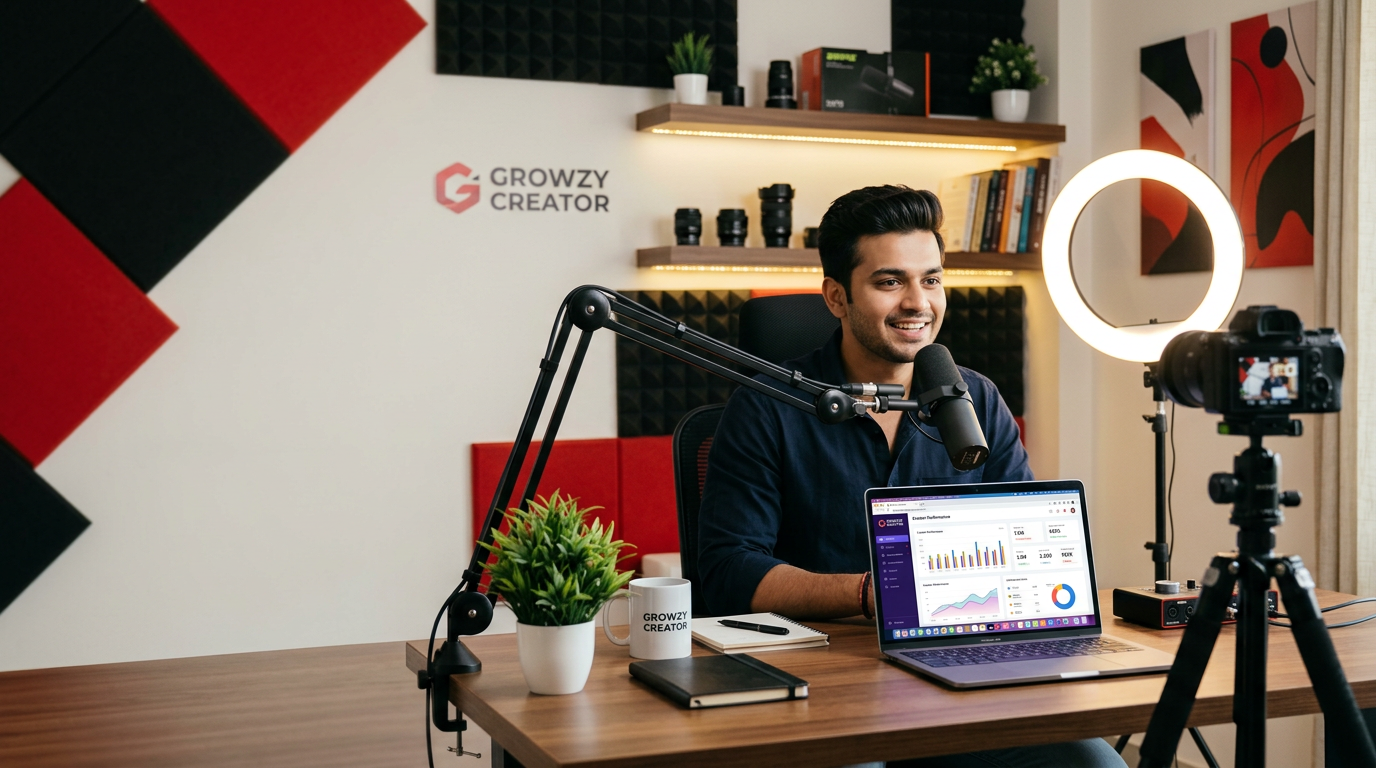 Creator recording a video at a modern desk setup